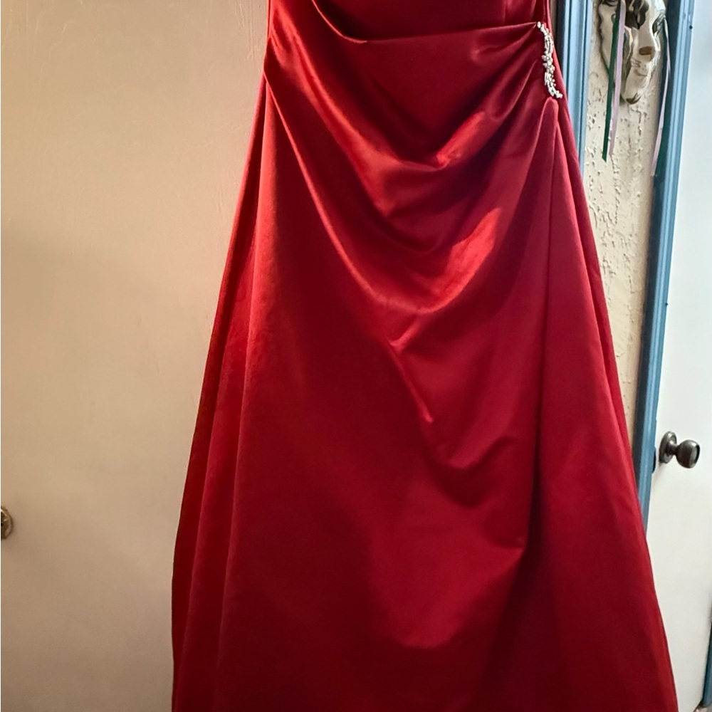 David's Bridal Strapless Red Satin Evening Gown
